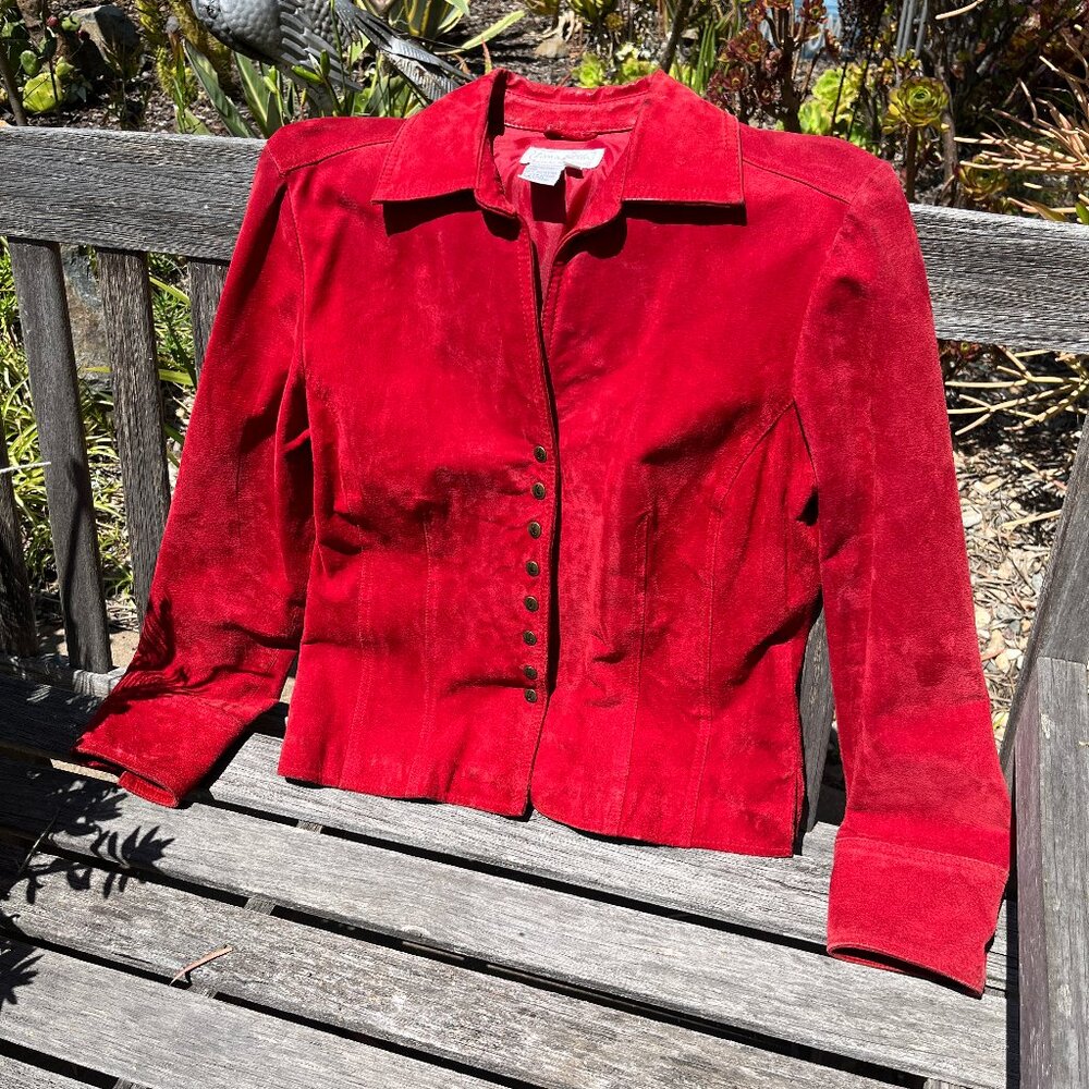 Live A Little Red Suede Leather Fitted Jacket, Size: Small